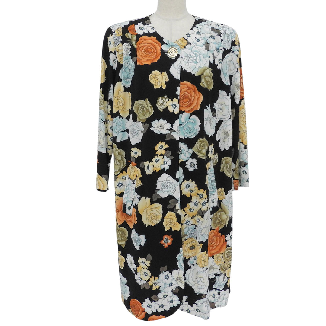 極美品▲LEONARD FASHION レオナール ファッション ロゴボタン 花柄 ノーカラー ロング コート ブラック M 日本製 正規品 レディース