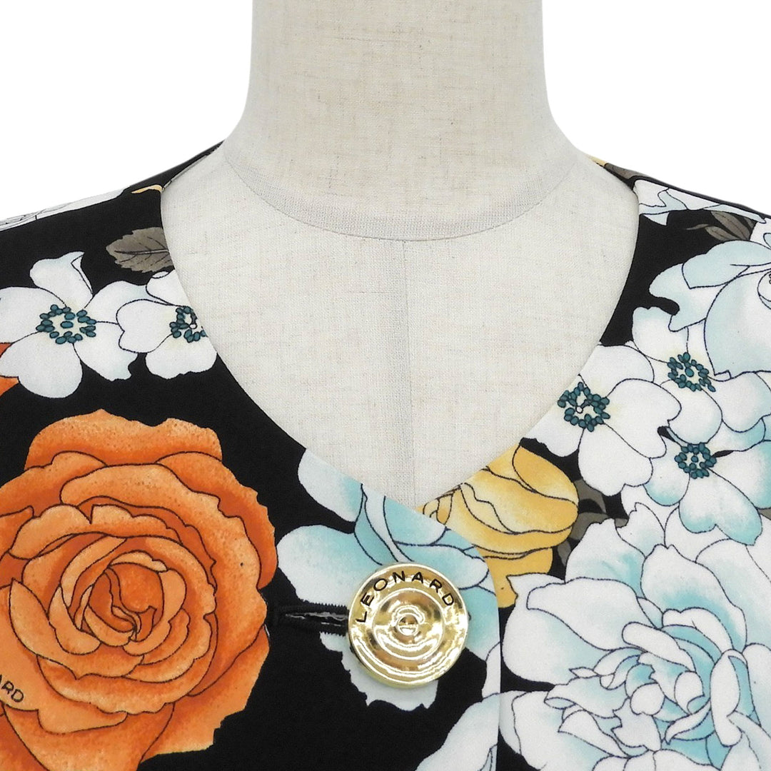 極美品▲LEONARD FASHION レオナール ファッション ロゴボタン 花柄 ノーカラー ロング コート ブラック M 日本製 正規品 レディース
