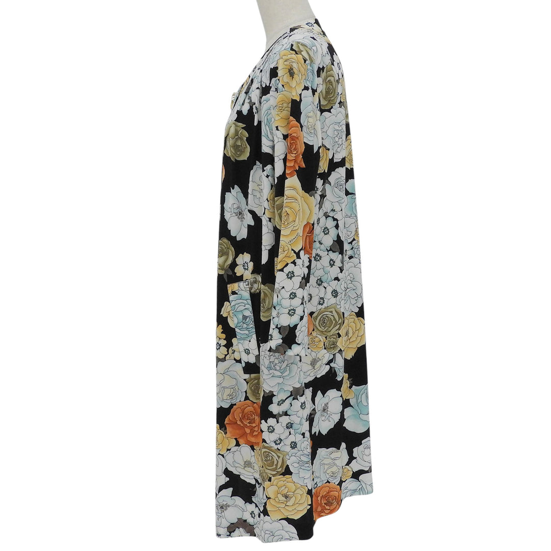 極美品▲LEONARD FASHION レオナール ファッション ロゴボタン 花柄 ノーカラー ロング コート ブラック M 日本製 正規品 レディース