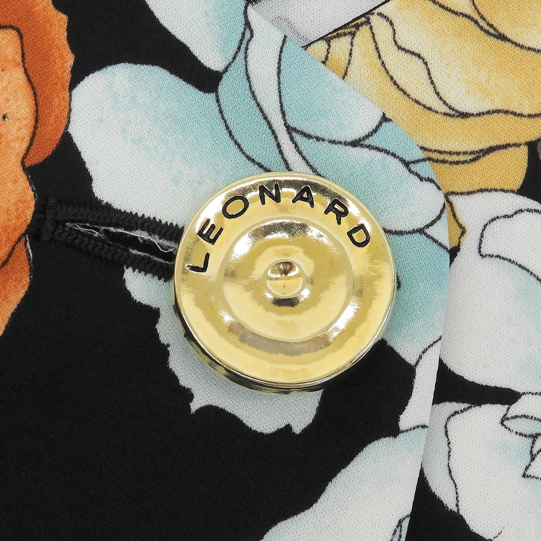 極美品▲LEONARD FASHION レオナール ファッション ロゴボタン 花柄 ノーカラー ロング コート ブラック M 日本製 正規品 レディース