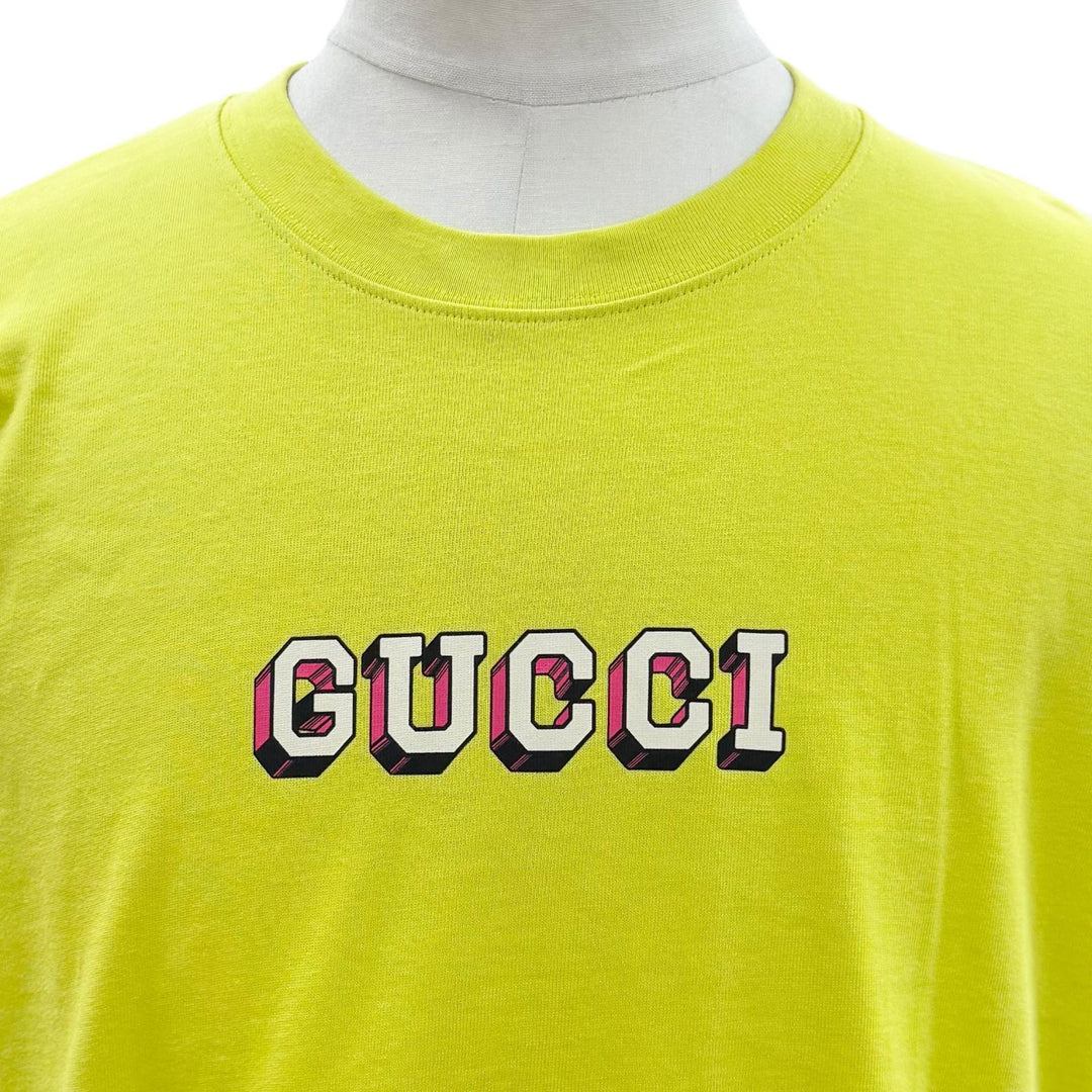 未使用品▼GUCCI グッチ 24SS 581903 XJF5P ロゴプリント クルーネック ロングスリーブ 長袖Ｔシャツ ライムイエロー L 正規品 メンズ
