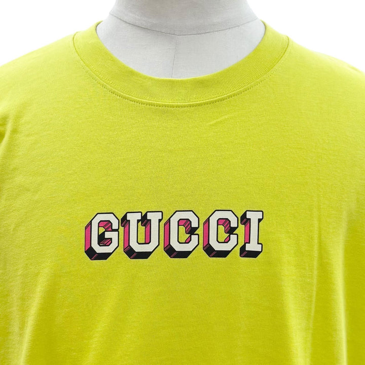 未使用品▼GUCCI グッチ 24SS 581903 XJF5P ロゴプリント クルーネック ロングスリーブ 長袖Ｔシャツ ライムイエロー L 正規品 メンズ