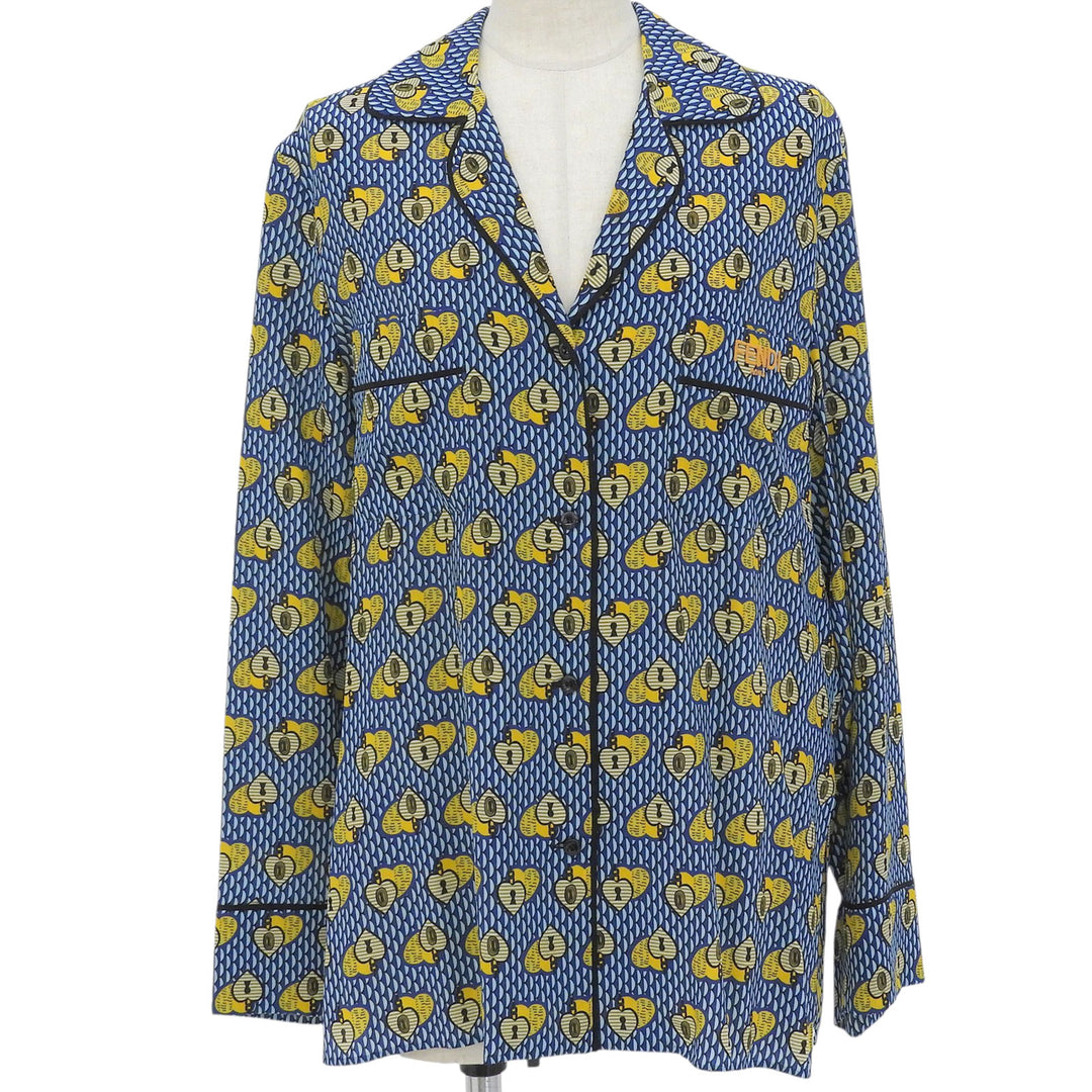 極美品▲FENDI フェンディ FS6993 シルク100％ ロゴ刺繍 総柄 パイピング オープンカラー 長袖シャツ ブルー イエロー 38 伊製 正規品