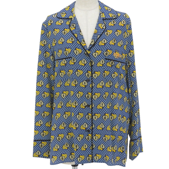 極美品▲FENDI フェンディ FS6993 シルク100％ ロゴ刺繍 総柄 パイピング オープンカラー 長袖シャツ ブルー イエロー 38 伊製 正規品