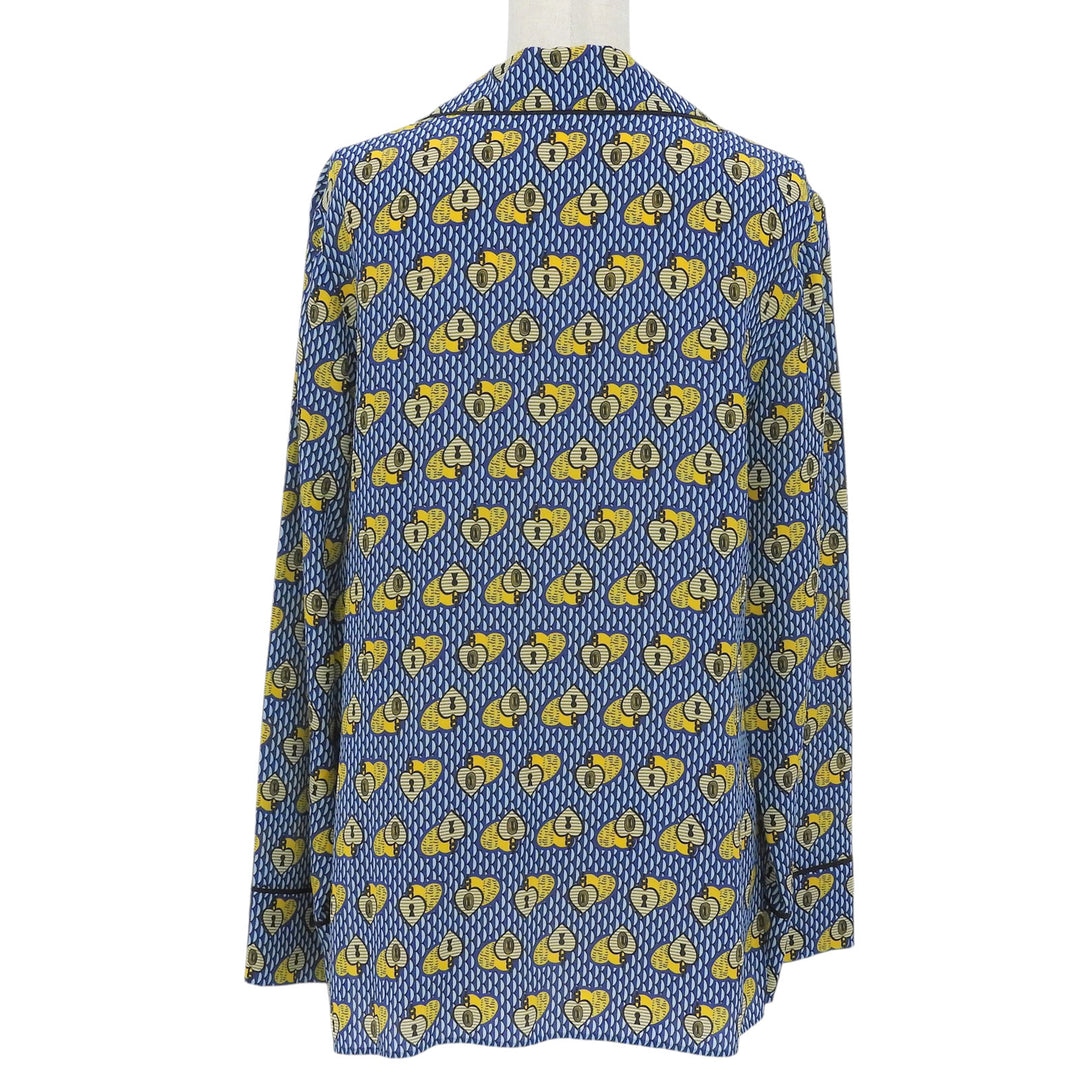 極美品▲FENDI フェンディ FS6993 シルク100％ ロゴ刺繍 総柄 パイピング オープンカラー 長袖シャツ ブルー イエロー 38 伊製 正規品