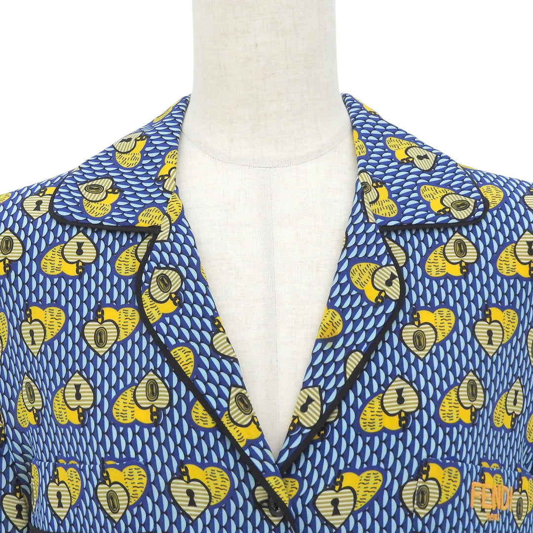 極美品▲FENDI フェンディ FS6993 シルク100％ ロゴ刺繍 総柄 パイピング オープンカラー 長袖シャツ ブルー イエロー 38 伊製 正規品