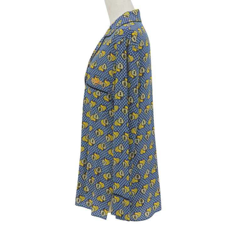 極美品▲FENDI フェンディ FS6993 シルク100％ ロゴ刺繍 総柄 パイピング オープンカラー 長袖シャツ ブルー イエロー 38 伊製 正規品