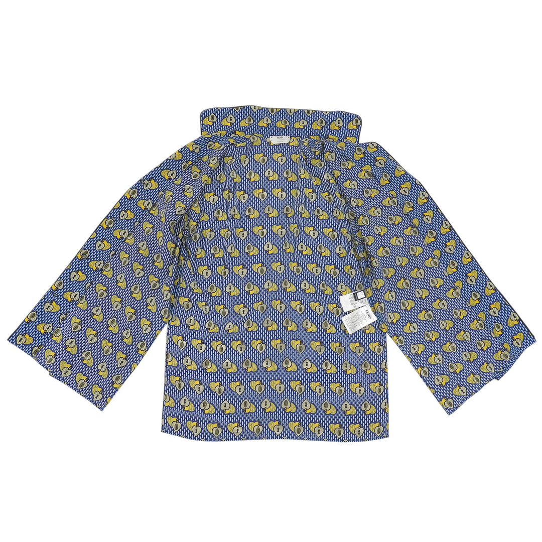 極美品▲FENDI フェンディ FS6993 シルク100％ ロゴ刺繍 総柄 パイピング オープンカラー 長袖シャツ ブルー イエロー 38 伊製 正規品