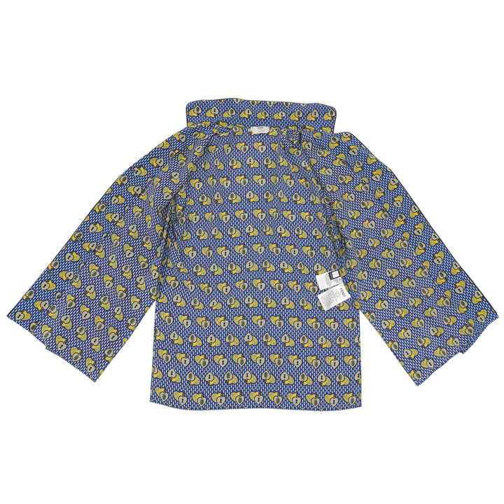 極美品▲FENDI フェンディ FS6993 シルク100％ ロゴ刺繍 総柄 パイピング オープンカラー 長袖シャツ ブルー イエロー 38 伊製 正規品