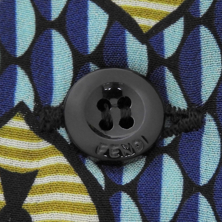 極美品▲FENDI フェンディ FS6993 シルク100％ ロゴ刺繍 総柄 パイピング オープンカラー 長袖シャツ ブルー イエロー 38 伊製 正規品