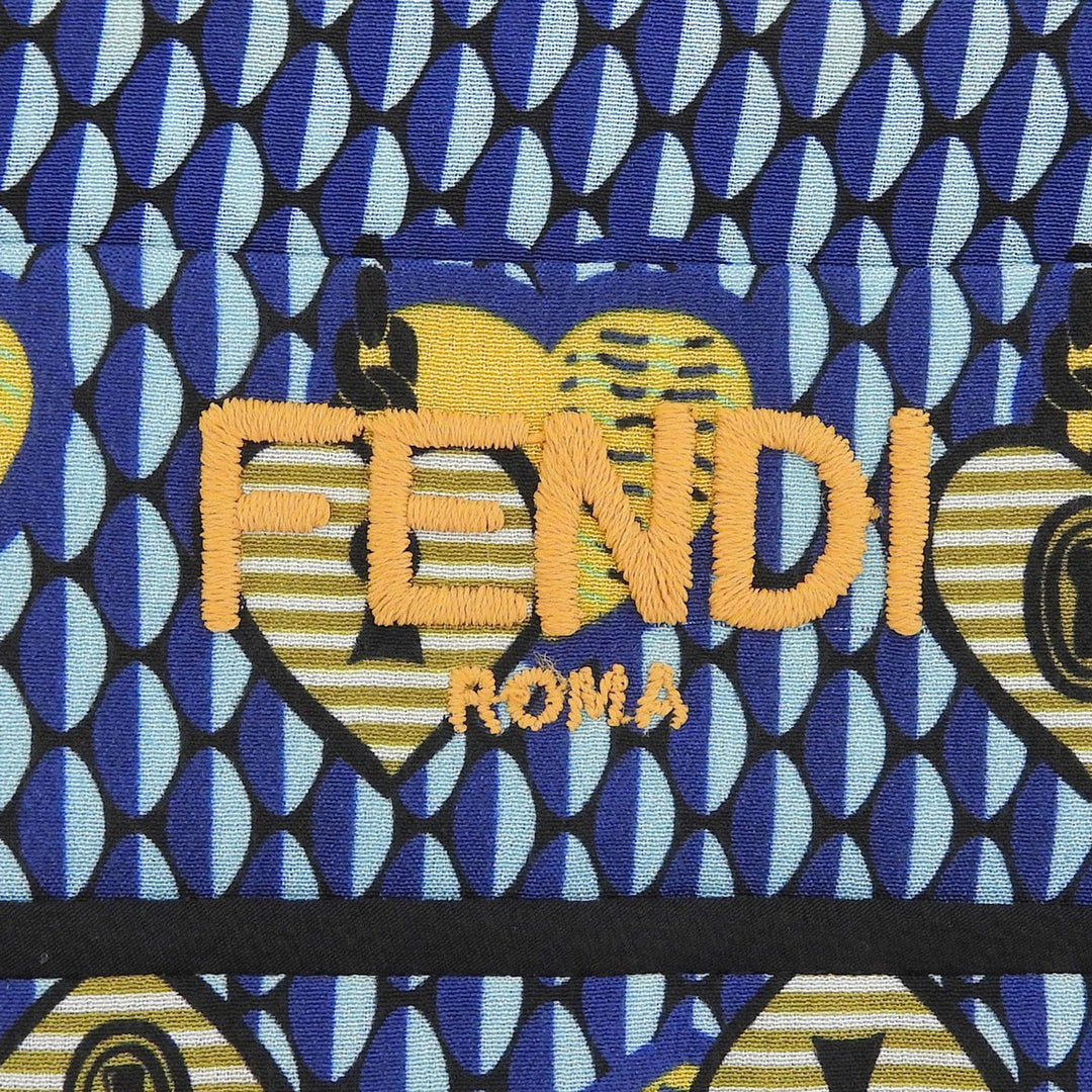 極美品▲FENDI フェンディ FS6993 シルク100％ ロゴ刺繍 総柄 パイピング オープンカラー 長袖シャツ ブルー イエロー 38 伊製 正規品