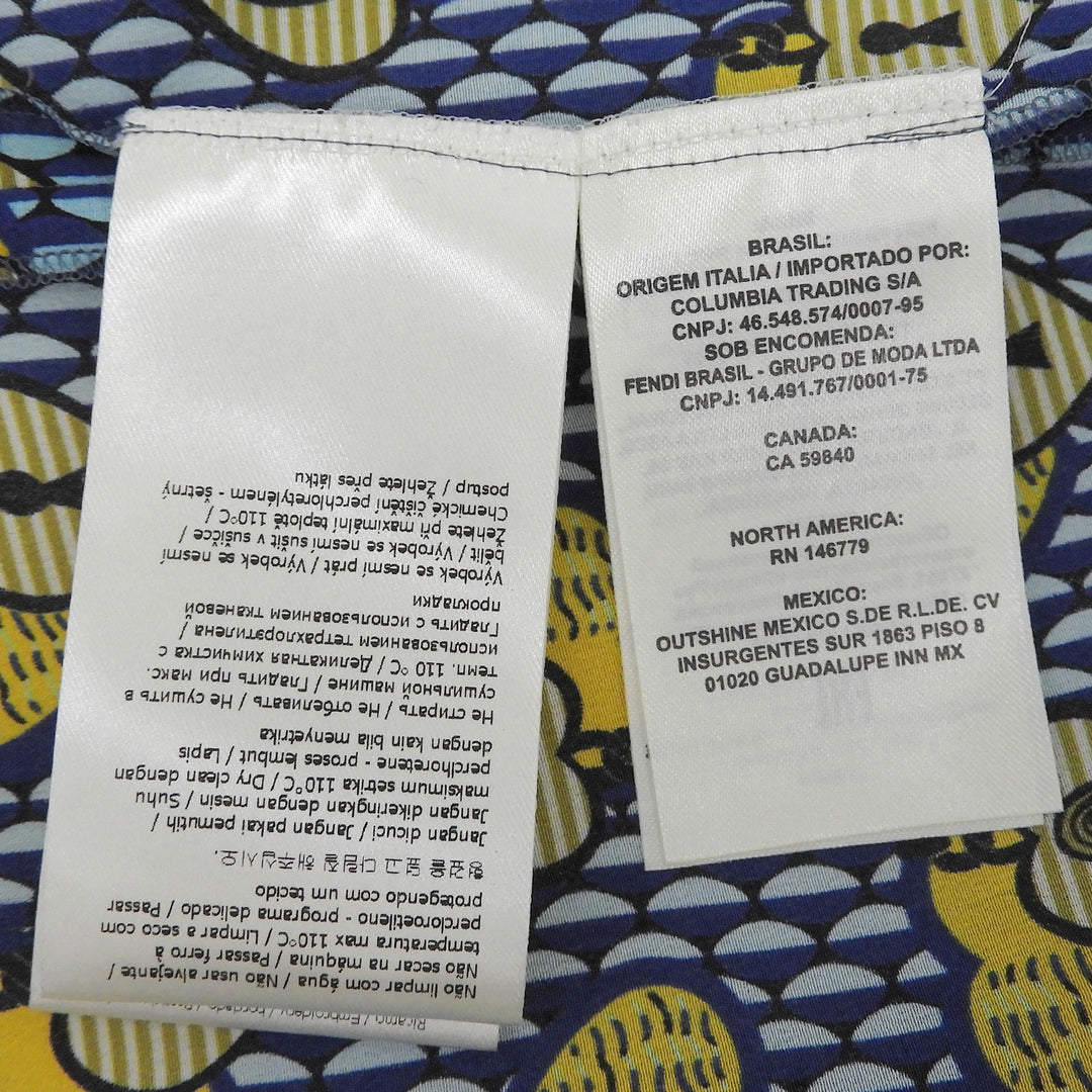 極美品▲FENDI フェンディ FS6993 シルク100％ ロゴ刺繍 総柄 パイピング オープンカラー 長袖シャツ ブルー イエロー 38 伊製 正規品