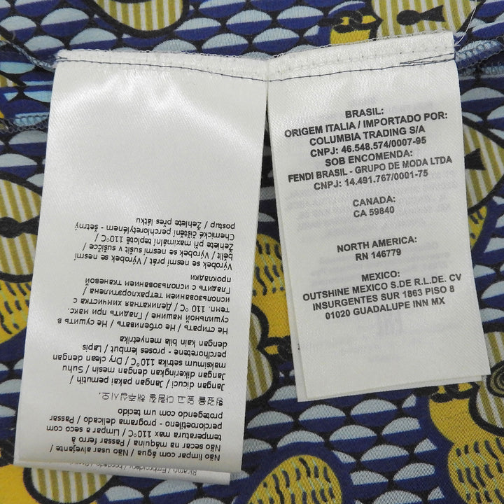 極美品▲FENDI フェンディ FS6993 シルク100％ ロゴ刺繍 総柄 パイピング オープンカラー 長袖シャツ ブルー イエロー 38 伊製 正規品