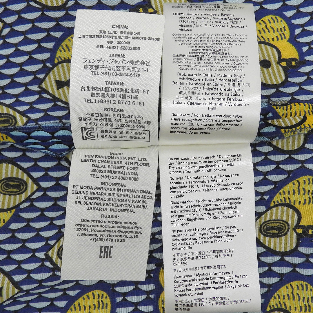 極美品▲FENDI フェンディ FS6993 シルク100％ ロゴ刺繍 総柄 パイピング オープンカラー 長袖シャツ ブルー イエロー 38 伊製 正規品