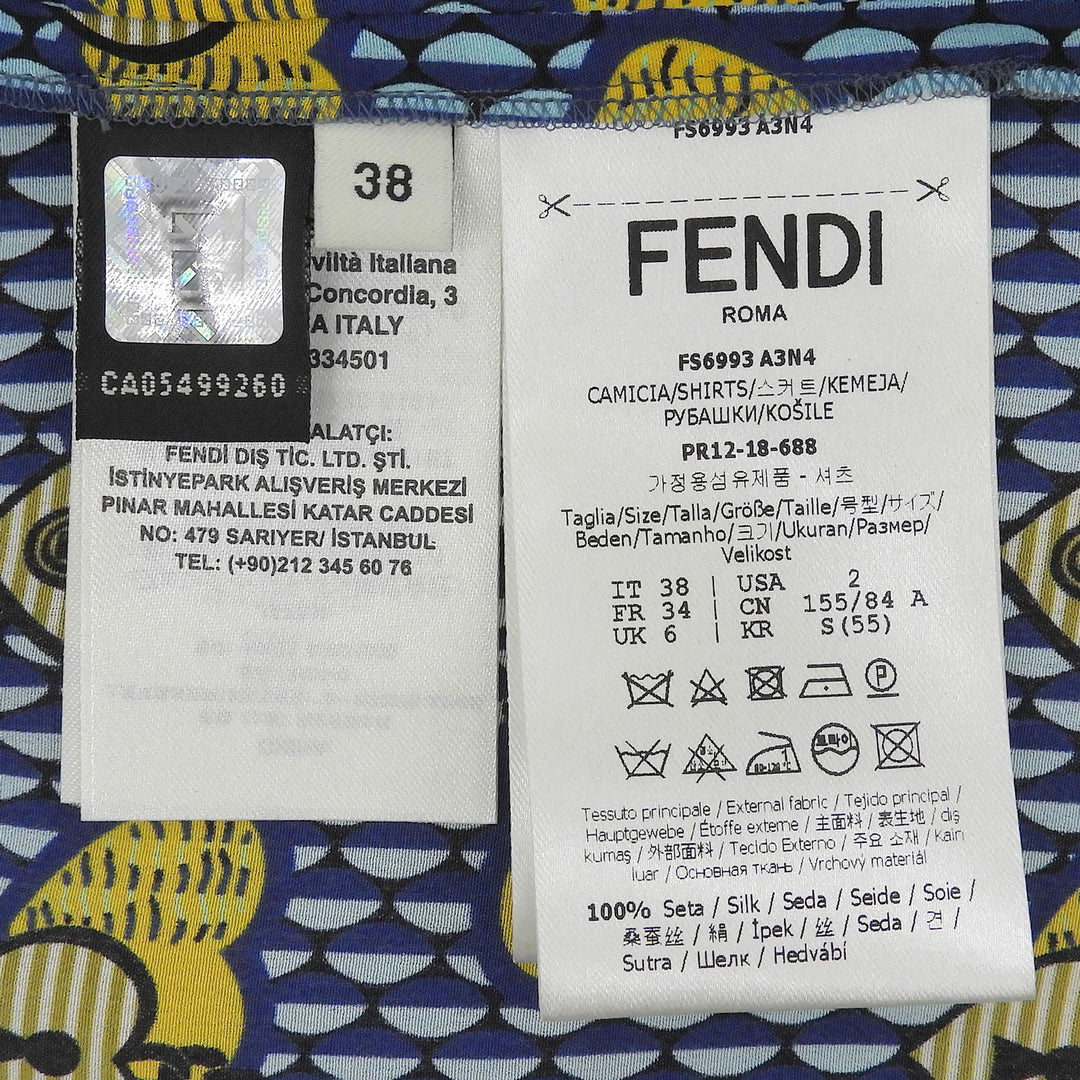 極美品▲FENDI フェンディ FS6993 シルク100％ ロゴ刺繍 総柄 パイピング オープンカラー 長袖シャツ ブルー イエロー 38 伊製 正規品