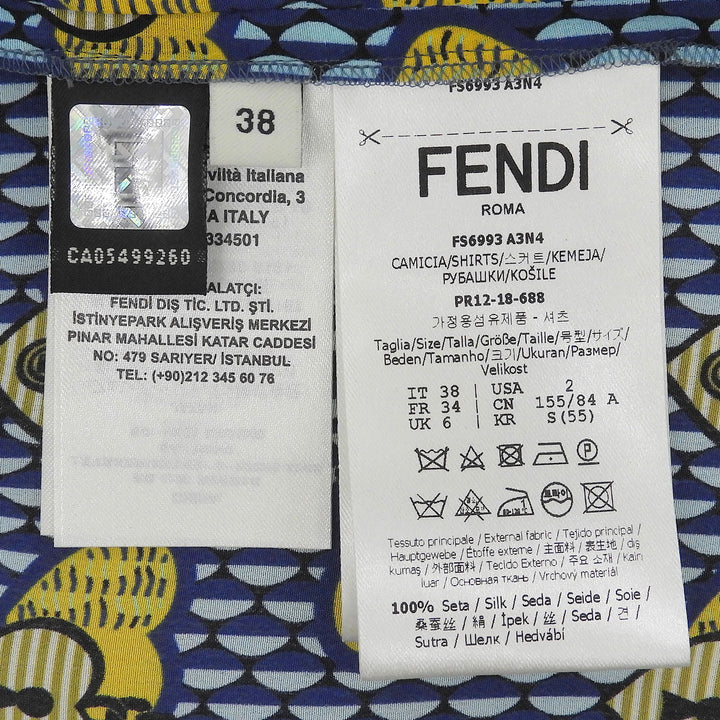 極美品▲FENDI フェンディ FS6993 シルク100％ ロゴ刺繍 総柄 パイピング オープンカラー 長袖シャツ ブルー イエロー 38 伊製 正規品