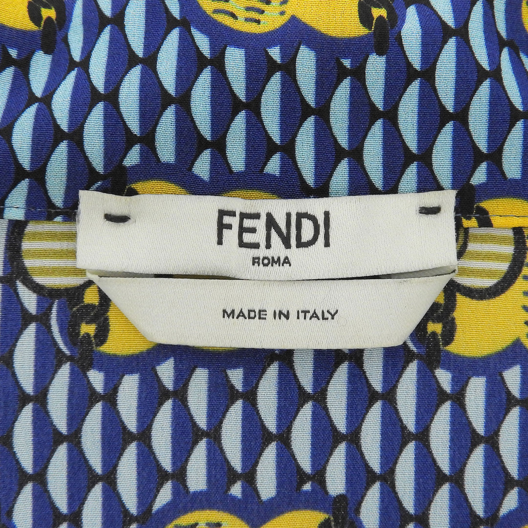 極美品▲FENDI フェンディ FS6993 シルク100％ ロゴ刺繍 総柄 パイピング オープンカラー 長袖シャツ ブルー イエロー 38 伊製 正規品