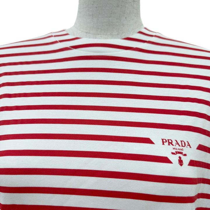 未使用品☆PRADA プラダ 3590A S221 103D トライアングルロゴ ボーダー柄 半袖Ｔシャツ レッド ホワイト S イタリア製 正規品 レディース