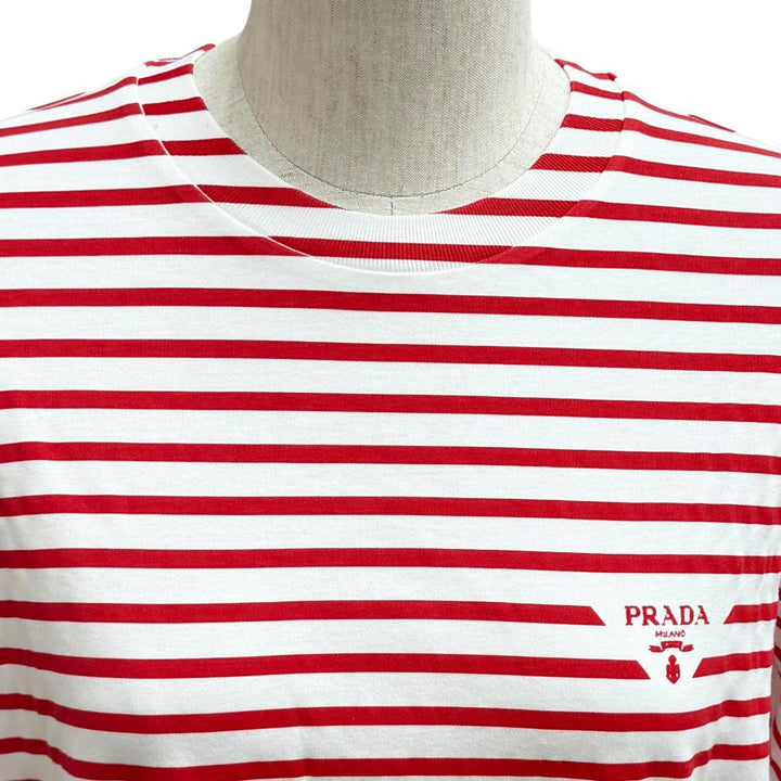 未使用品★PRADA プラダ 3590A S221 103D コットン100％ ロゴ入り ボーダー クルーネック 半袖Ｔシャツ ホワイト レッド S 伊製 正規品