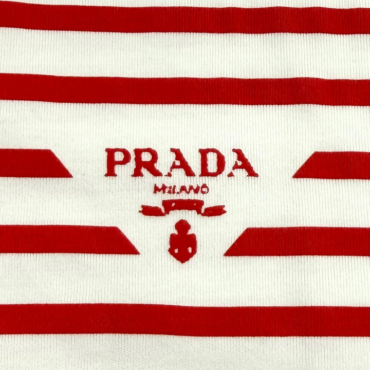 未使用品★PRADA プラダ 3590A S221 103D コットン100％ ロゴ入り ボーダー クルーネック 半袖Ｔシャツ ホワイト レッド S 伊製 正規品