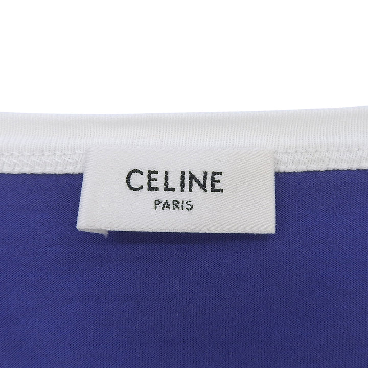 美品▲CELINE セリーヌ 2X815671Q コットン100％ クルーネック リンガーTシャツ 半袖Ｔシャツ ブルー S イタリア製 正規品 レディース