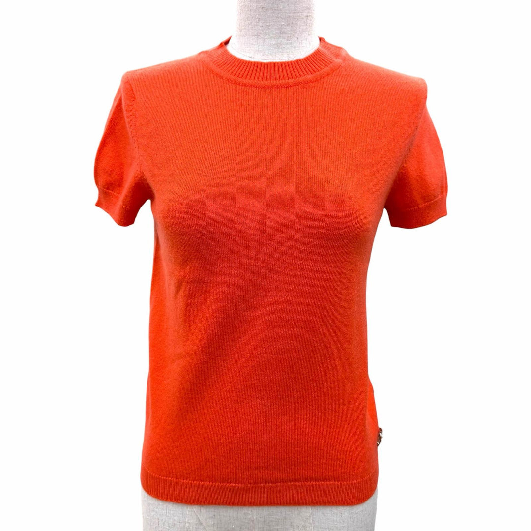 極美品☆HERMES エルメス 07-7700 カシミヤ100％ シルバー金具 Hリフト ショートスリーブ 半袖ニット オレンジ 34 イギリス製 正規品
