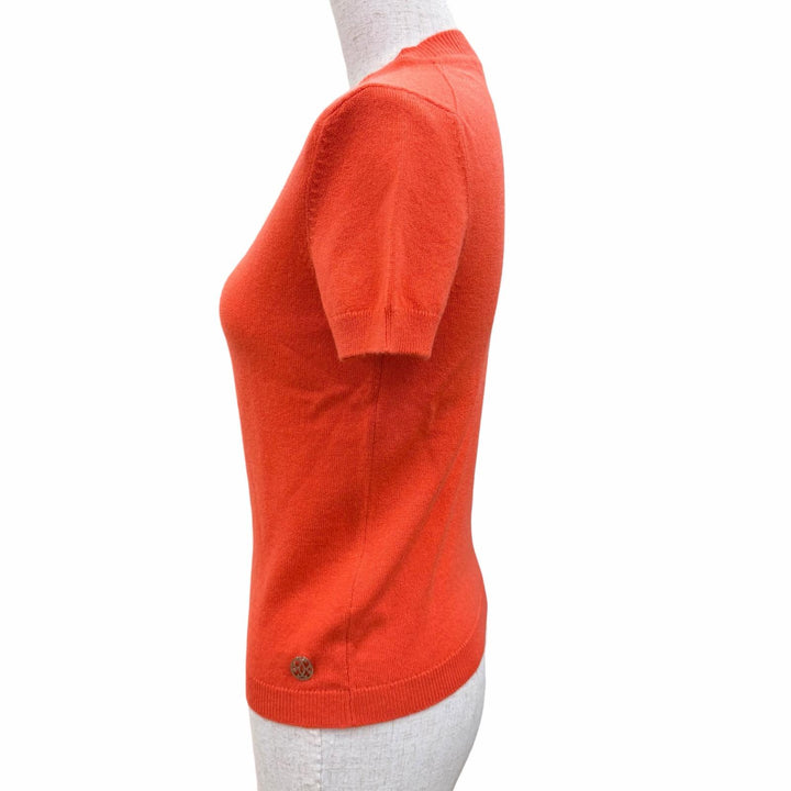 極美品☆HERMES エルメス 07-7700 カシミヤ100％ シルバー金具 Hリフト ショートスリーブ 半袖ニット オレンジ 34 イギリス製 正規品