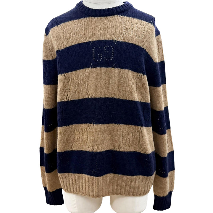 極美品▼GUCCI グッチ 645293 ウール100% インターロッキングG ボーダー ニットセーター ネイビー ブラウン XL イタリア製 正規品 メンズ