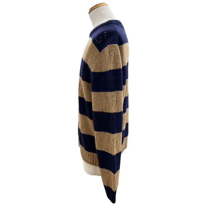 極美品▼GUCCI グッチ 645293 ウール100% インターロッキングG ボーダー ニットセーター ネイビー ブラウン XL イタリア製 正規品 メンズ