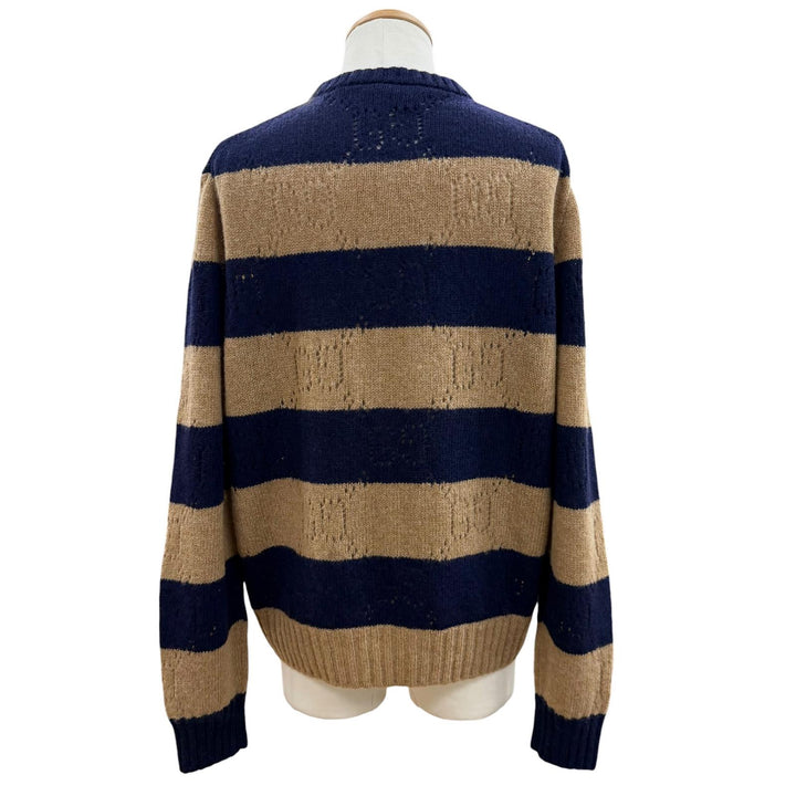 極美品▼GUCCI グッチ 645293 ウール100% インターロッキングG ボーダー ニットセーター ネイビー ブラウン XL イタリア製 正規品 メンズ