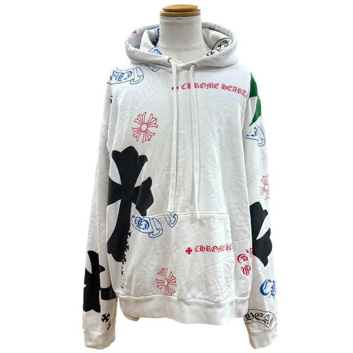 人気▼CHROME HEARTS クロムハーツ コットン ステンシルプリント フーデッド プルオーバー パーカー ホワイト マルチ XL USA製 メンズ