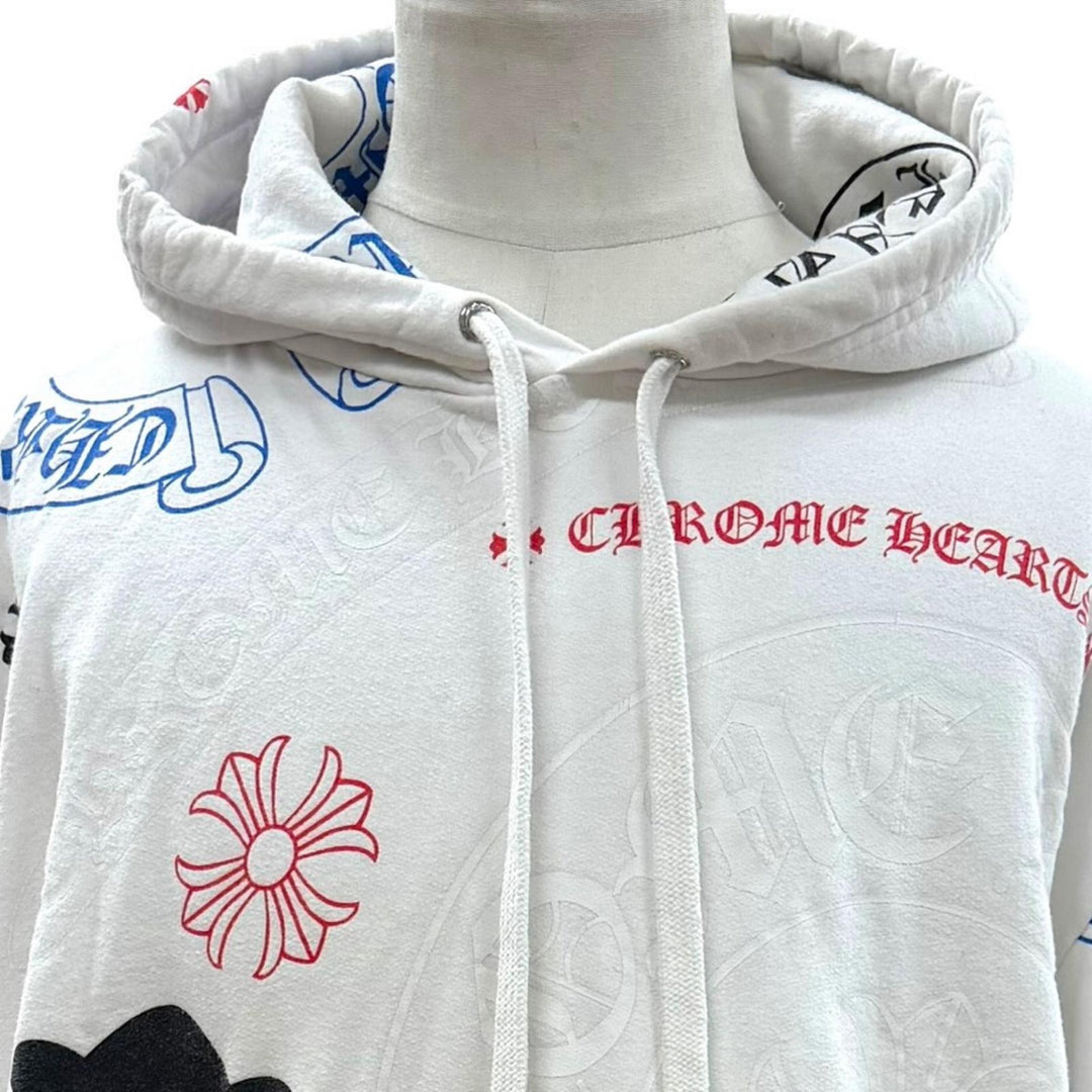 人気▼CHROME HEARTS クロムハーツ コットン ステンシルプリント フーデッド プルオーバー パーカー ホワイト マルチ XL USA製 メンズ