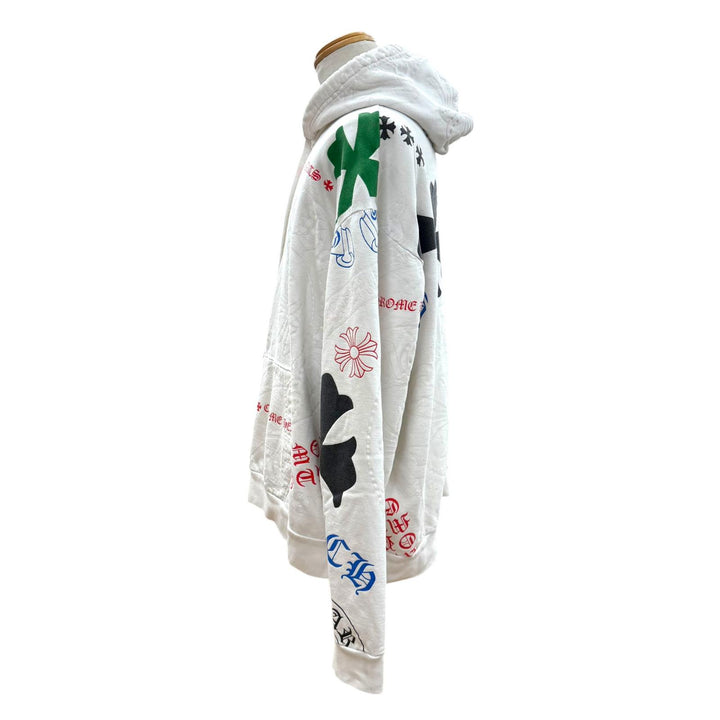 人気▼CHROME HEARTS クロムハーツ コットン ステンシルプリント フーデッド プルオーバー パーカー ホワイト マルチ XL USA製 メンズ