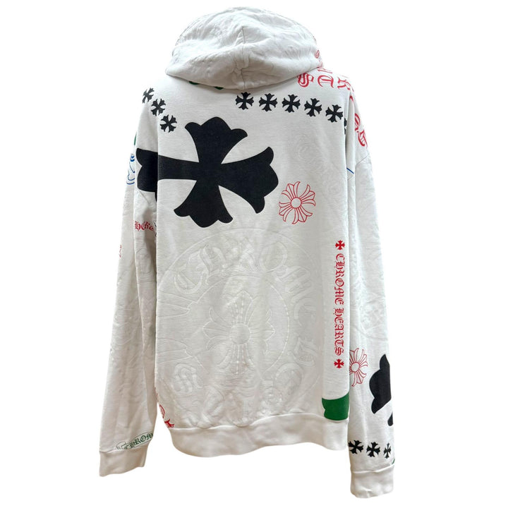 人気▼CHROME HEARTS クロムハーツ コットン ステンシルプリント フーデッド プルオーバー パーカー ホワイト マルチ XL USA製 メンズ