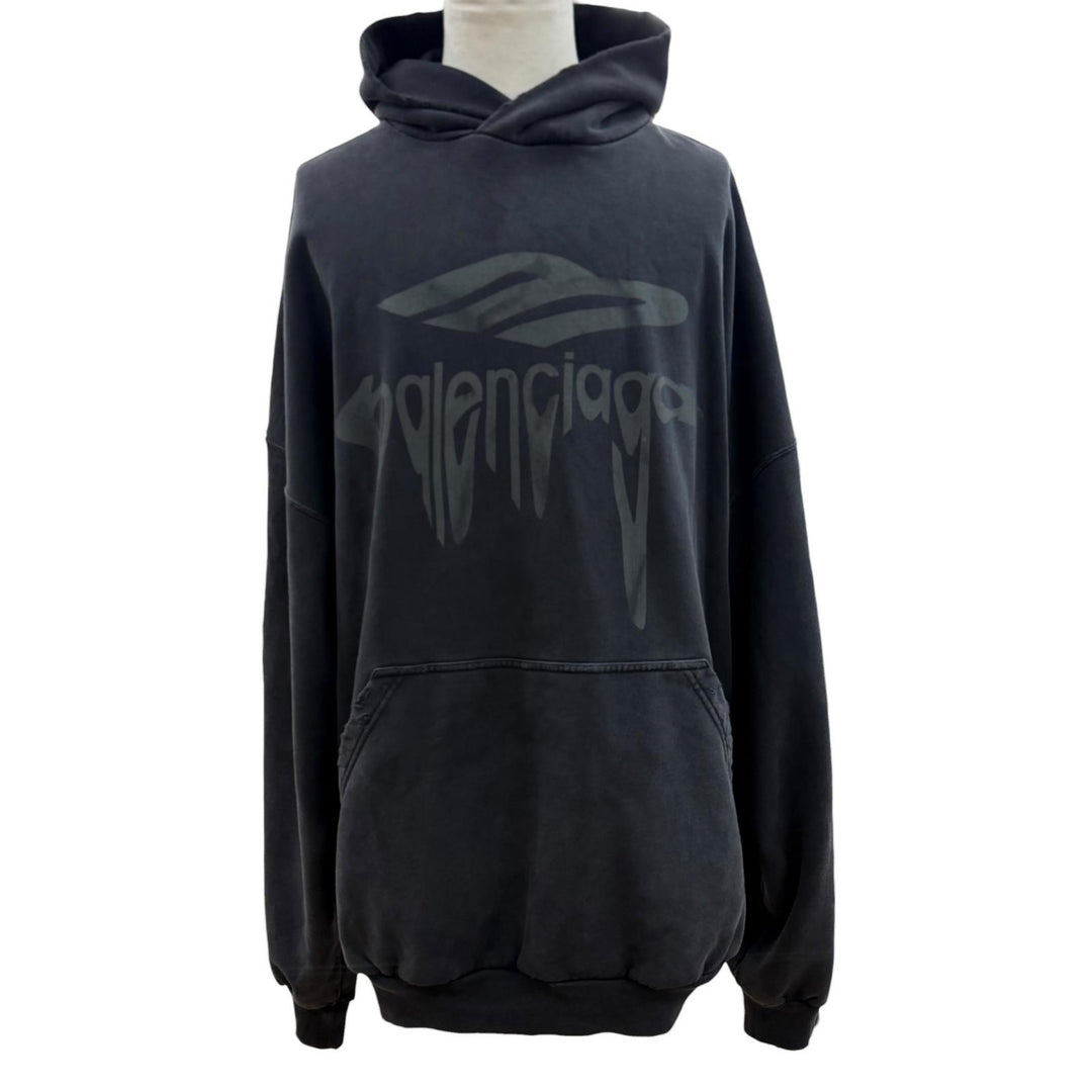 美品▼BALENCIAGA バレンシアガ 25SS 803265 コットン100% ロゴプリント ダメージ加工 プルオーバー パーカー ブラック M 正規品 メンズ