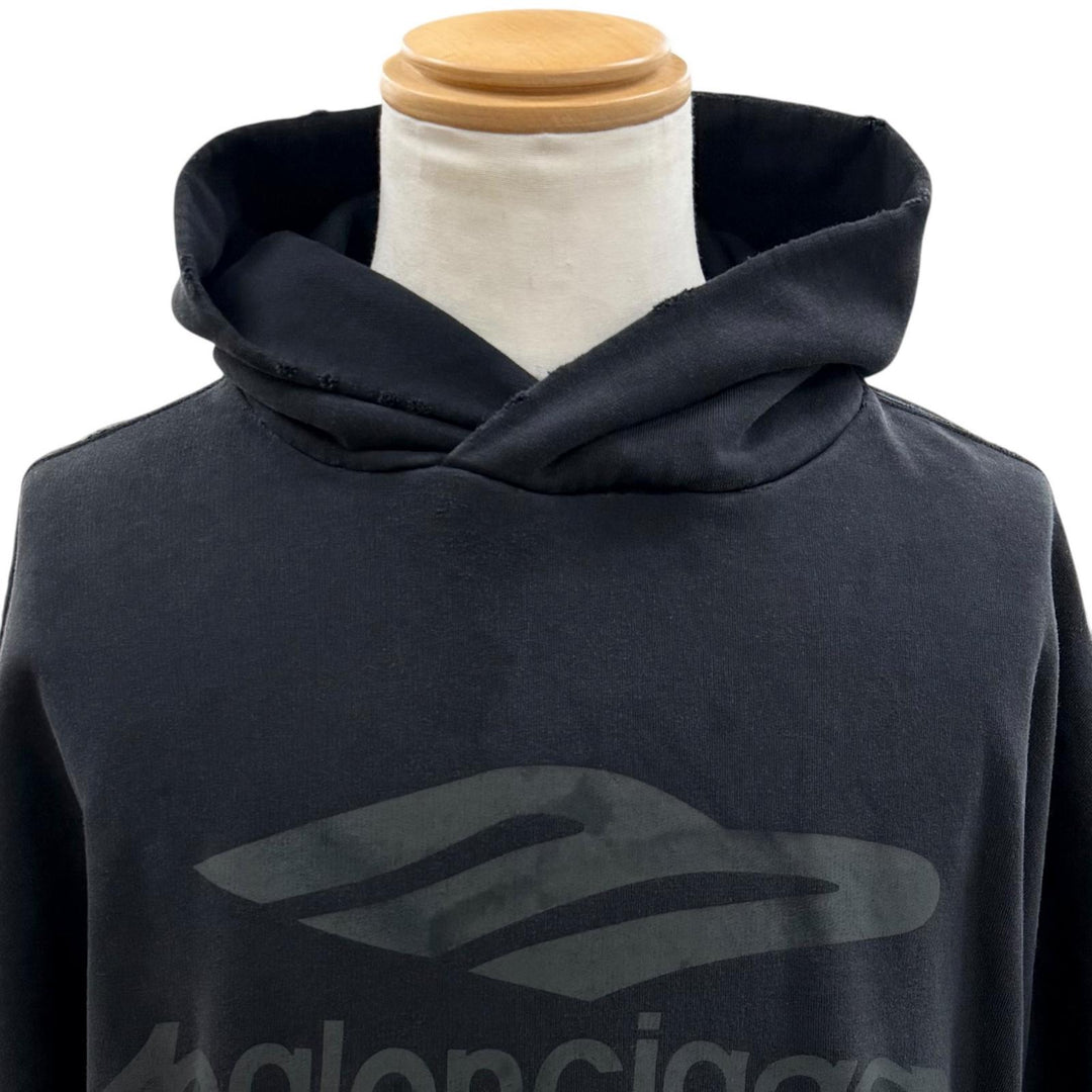 美品▼BALENCIAGA バレンシアガ 25SS 803265 コットン100% ロゴプリント ダメージ加工 プルオーバー パーカー ブラック M 正規品 メンズ