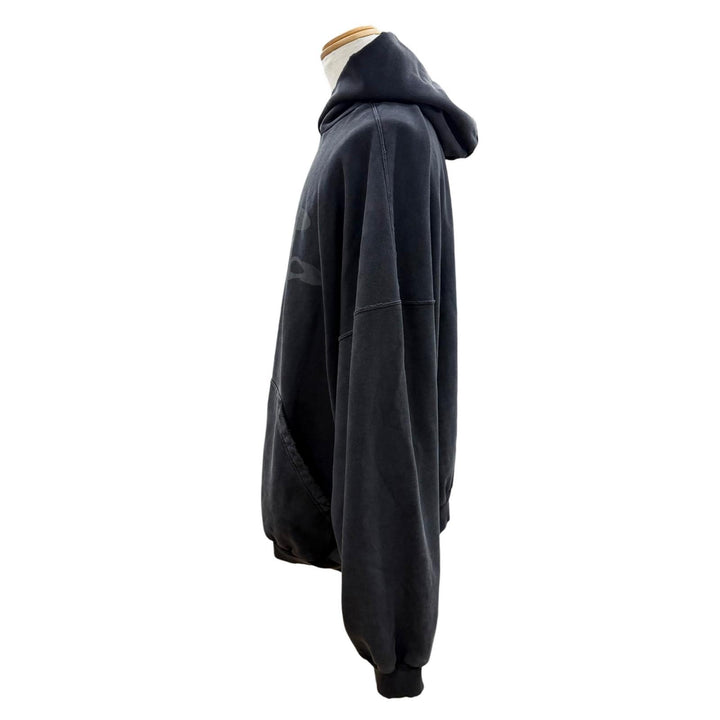 美品▼BALENCIAGA バレンシアガ 25SS 803265 コットン100% ロゴプリント ダメージ加工 プルオーバー パーカー ブラック M 正規品 メンズ
