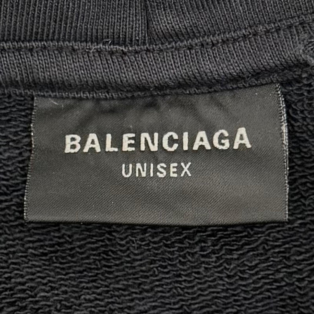 美品▼BALENCIAGA バレンシアガ 25SS 803265 コットン100% ロゴプリント ダメージ加工 プルオーバー パーカー ブラック M 正規品 メンズ