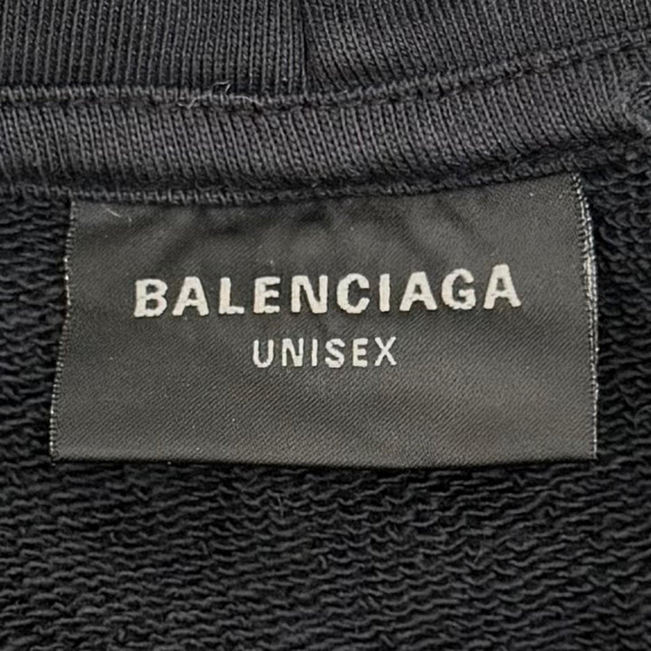 美品▼BALENCIAGA バレンシアガ 25SS 803265 コットン100% ロゴプリント ダメージ加工 プルオーバー パーカー ブラック M 正規品 メンズ