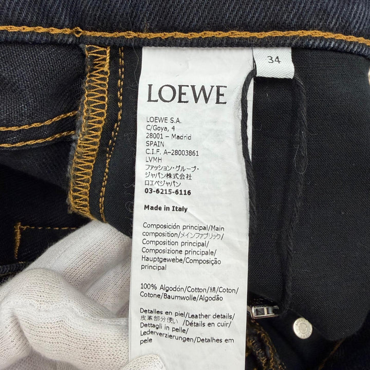 美品☆LOEWE ロエベ S359331XE3 コットン アナグラムレザー ボタンフライ デニムパンツ インディゴ 34 伊製 正規品 レディース