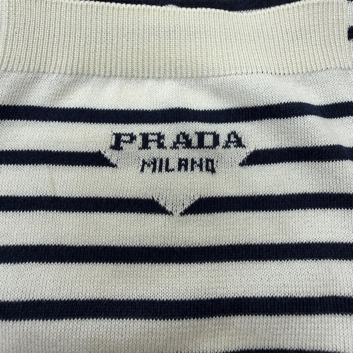 未使用品□PRADA プラダ 2022年製 UNP120 シルク コットン ボーダー柄 トライアングルロゴ ニット ショートパンツ 白 48 伊製 正規品