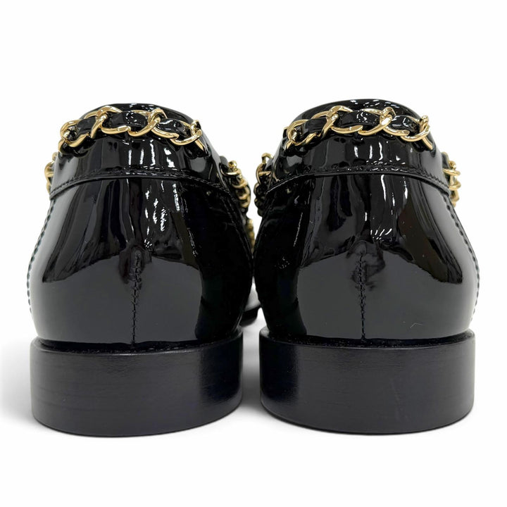 極美品△CHANEL シャネル G33521 パテントレザー ココマーク チェーン ローファー ブラック ゴールド金具 38 イタリア製 レディース