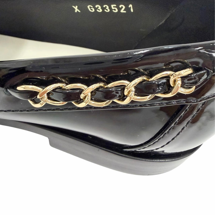 極美品△CHANEL シャネル G33521 パテントレザー ココマーク チェーン ローファー ブラック ゴールド金具 38 イタリア製 レディース