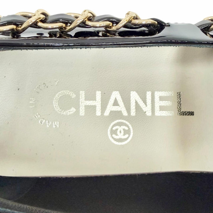 極美品△CHANEL シャネル G33521 パテントレザー ココマーク チェーン ローファー ブラック ゴールド金具 38 イタリア製 レディース