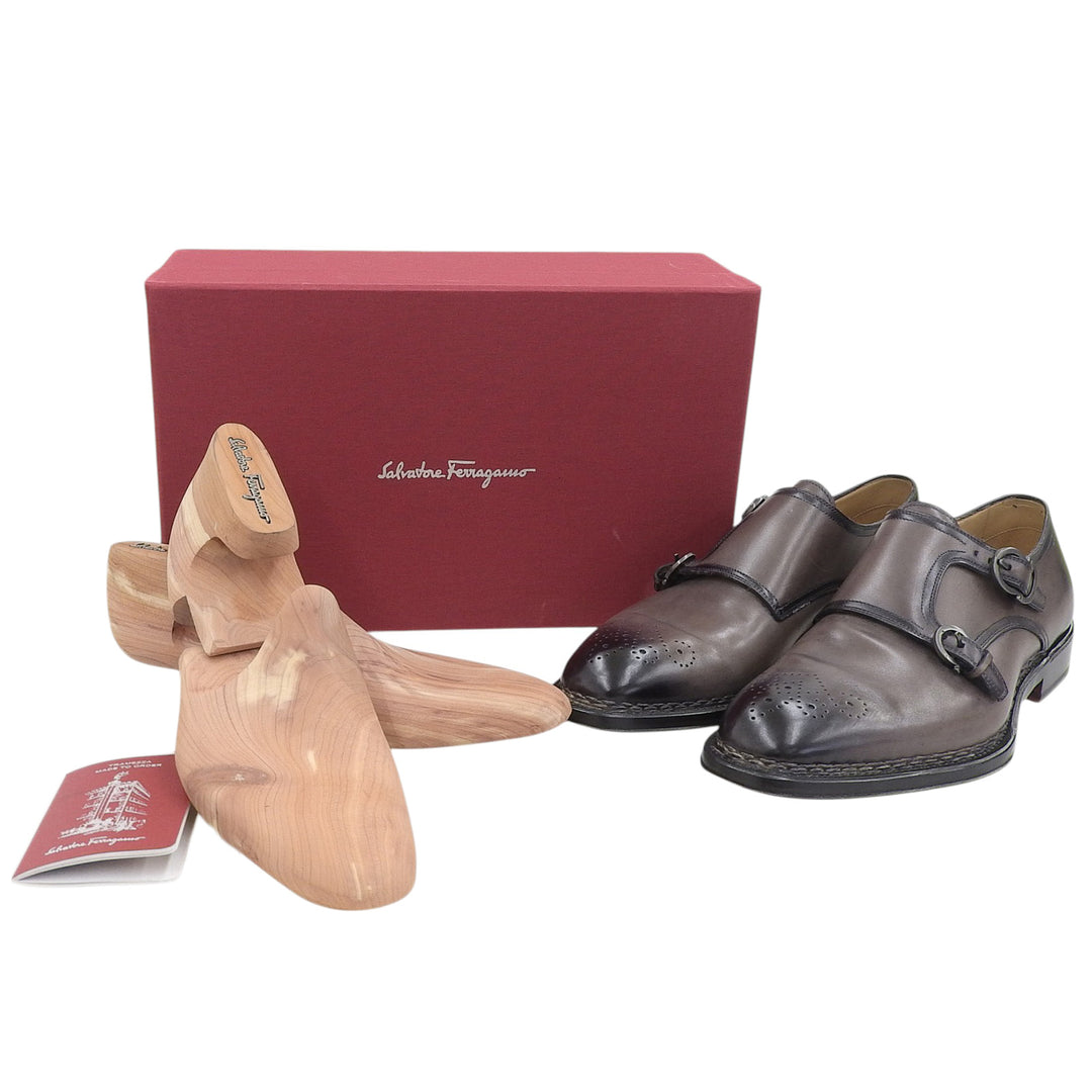 美品▲Salvatore Ferragamo サルヴァトーレフェラガモ TRAMEZZA メダリオン ダブルモンクストラップ レザーシューズ 伊製 箱付き