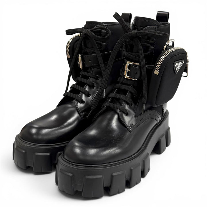 未使用品★PRADA プラダ 1T255M モノリス Re-Nylon トライアングルロゴ ポーチ付 ブラッシュドレザー ショートブーツ ブラック 35.5 伊製