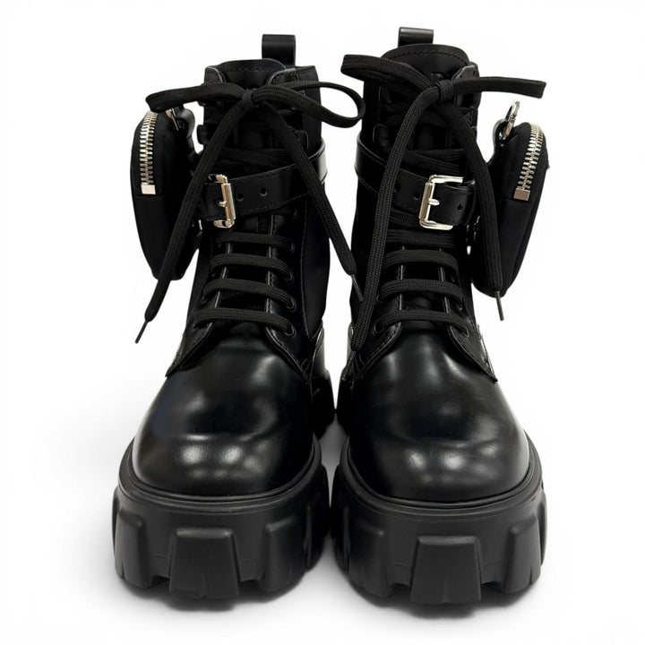 未使用品★PRADA プラダ 1T255M モノリス Re-Nylon トライアングルロゴ ポーチ付 ブラッシュドレザー ショートブーツ ブラック 35.5 伊製