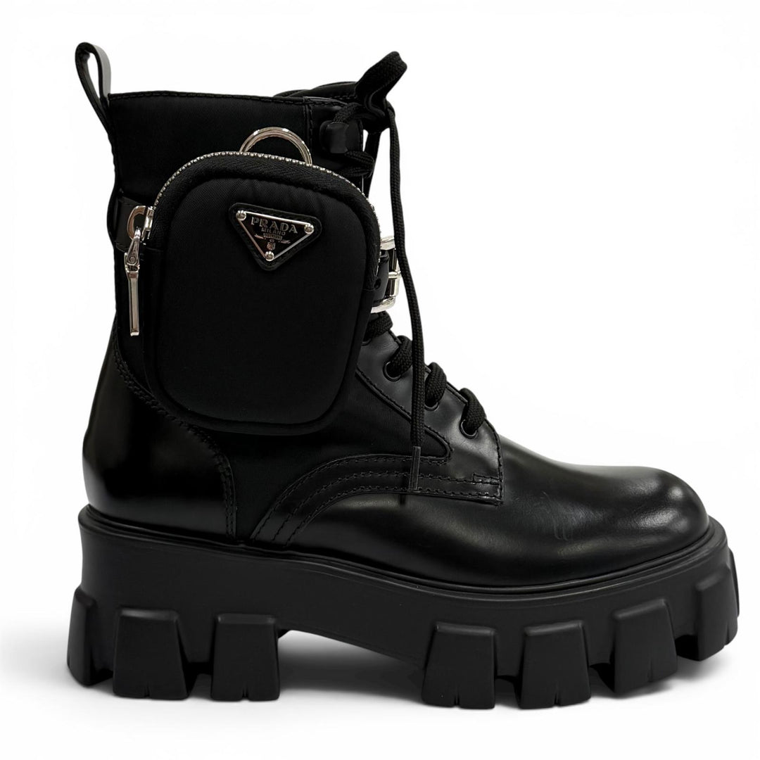 未使用品★PRADA プラダ 1T255M モノリス Re-Nylon トライアングルロゴ ポーチ付 ブラッシュドレザー ショートブーツ ブラック 35.5 伊製