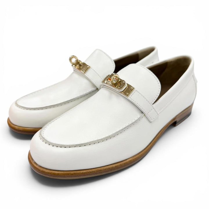 未使用品☆HERMES エルメス 231067Z モカシン デスタン カーフレザー ゴールド金具 ケリーバックル ローファー ホワイト 36.5 イタリア製