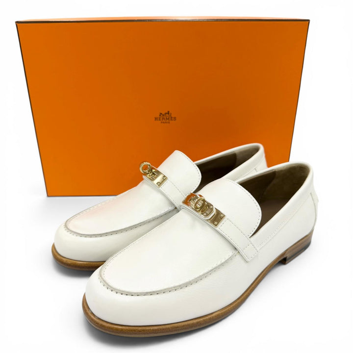 未使用品☆HERMES エルメス 231067Z モカシン デスタン カーフレザー ゴールド金具 ケリーバックル ローファー ホワイト 36.5 イタリア製